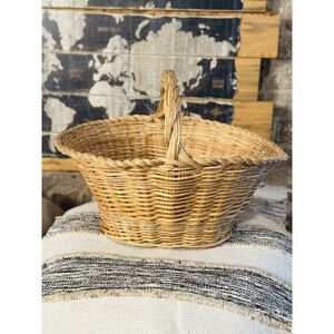 Vintage Large Tan Braided Wicker Picnic Vegetable Basket